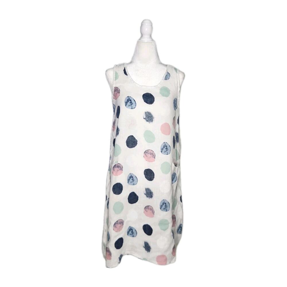 Italian Linen Polka Dot Lagenlook Shift Sleeveless Dress Button Back Size Small